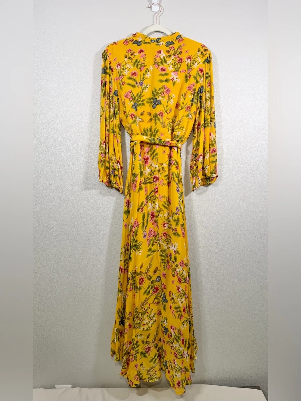 Rene Derhy Dress Yellow Pink Floral Maxi Button Down Flowy Tie Belt Women L - Picture 7 of 8